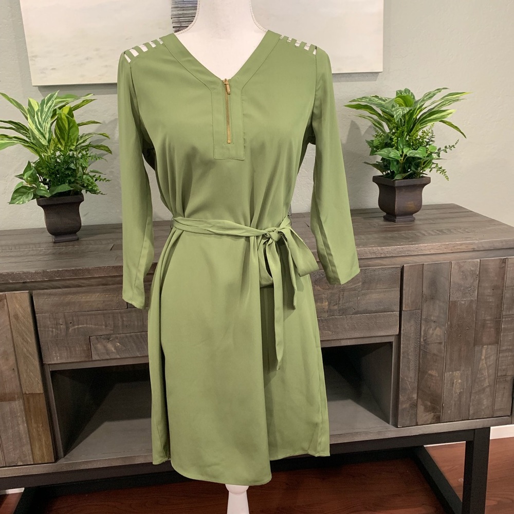 Charming Charlie Olive Green Belt Tie V-Neck Dress